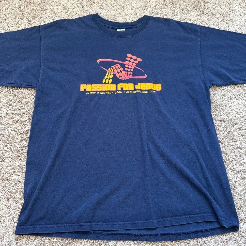 Vintage Passion For Jesus Cloud 9 Retreat 2004 T-Shirt Mens XL Navy Blue Y2K